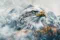 A regal eagle superimposed with the rugged peaks of a mountain range in a double exposure