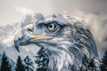 A regal eagle superimposed with the rugged peaks of a mountain range in a double exposure