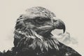 A regal eagle superimposed with the rugged peaks of a mountain range in a double exposure