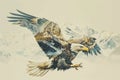 A regal eagle superimposed with the rugged peaks of a mountain range in a double exposure