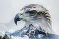 A regal eagle superimposed with the rugged peaks of a mountain range in a double exposure