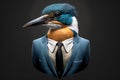 Portrait of a Kingfisher Dressed in a Formal Business Suit, The Elegant Boss Kingfisher, created with generative AI