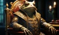 Regal Frog King Sitting on a Golden Throne, a Whimsical Concept Blending Wildlife with Monarchy and Luxury