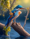 A regal kingfisher perched atop a branch, its beak open wide as it dives into the water to catch a shimmering fish.