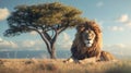 A regal lion with a lightweight summer mane, resting under a single tree on a vast, minimalist savanna, Clean, 3D Render,