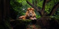 Regal lion perched on a boulder amid lush foliage , concept of Majestic feline