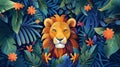 Regal Lion Portrait Surrounded by Colorful Tropical Flowers
