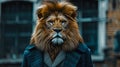 Regal lion roams urban streets in refined attire, epitomizing street style