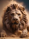A regal lion sculpted from the fusion of stone and sand, captured in the midst of a vibrant dust explosion.