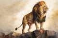 A regal lion standing on a rocky outcrop, painted with warm and golden watercolor hues Generative AI