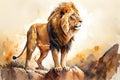 A regal lion standing on a rocky outcrop, painted with warm and golden watercolor hues Generative AI