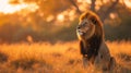 A regal lion surveying its savannah kingdom under the golden African sun