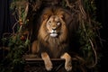 a regal lion on a throne made of tree branches, surrounded by a pride