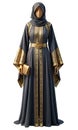 Regal look, Mannequin in gold-detailed abaya, hijab, and statement bag