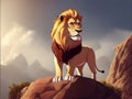 The regal-looking King of the Lion is standing on a little hill.