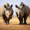 Regal moment white rhinoceroses lock heads in a powerful stance