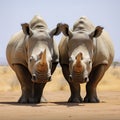 Regal moment white rhinoceroses lock heads in a powerful stance