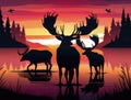 A regal moose flanked by two caribou admiring a beautiful sunset in the North. Cute creature. AI generation Royalty Free Stock Photo