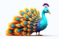 Regal Peacock Cartoon Character with Vibrant Feather Patterns on Transparent Background. AI