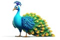 Regal Peacock Cartoon Character with Vibrant Feather Patterns on Transparent Background. AI