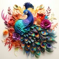 A regal peacock, its ornate origami feathers cascading down in a stunning display of vivid colors by AI generated