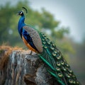 A regal peacock perches with pride against a textured stone