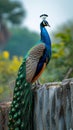 A regal peacock perches with pride against a textured stone