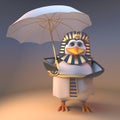 Regal penguin pharaoh Tutankhamun shelters from the sun under a golden umbrella, 3d illustration