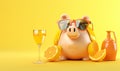 A regal piggy bank, dressed in finery, enjoys a relaxing drink of orange juice