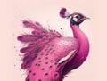 regal pink peacock with glittery eyes fans its feathery tail proudly in the sun. Cute creature. AI generation