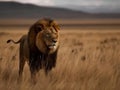 Majestic lion walking in the savannah created with Generative AI