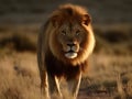 Majestic lion walking in the savannah created with Generative AI