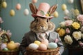 A regal rabbit, adorned in a fancy Easter bonnet and a dapper suit.