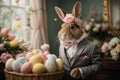 A regal rabbit, adorned in a fancy Easter bonnet and a dapper suit.