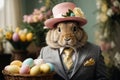 A regal rabbit, adorned in a fancy Easter bonnet and a dapper suit.