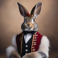 A regal rabbit in majestic clothing, posing for a portrait with a curious and alert expression2