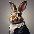 A regal rabbit in majestic clothing, posing for a portrait with a curious and alert expression1