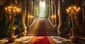 Regal red carpet stairway leading to a grand entrance flanked by ornate columns and glowing lights