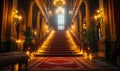 Regal red carpet stairway leading to a grand entrance flanked by ornate columns and glowing lights