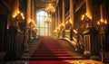 Regal red carpet stairway leading to a grand entrance flanked by ornate columns and glowing lights