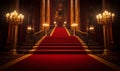 Regal red carpet stairway leading to a grand entrance flanked by ornate columns and glowing lights