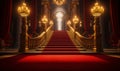 Regal red carpet stairway leading to a grand entrance flanked by ornate columns and glowing lights