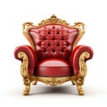 Regal Red Velvet Armchair with Golden Accents Isolated on White. Generative ai