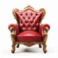 Regal Red Velvet Armchair with Golden Accents Isolated on White. Generative ai