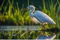 Regal Stork: Standing Proudly in Marshland Habitat, Reflection Mirrored in Still Water