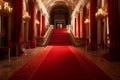 Regal Thrones Inside the Palace Castle, with a Red Carpet Pathway. AI