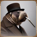 A regal walrus wearing a monocle and a velvet jacket, posing for a portrait with a scepter2