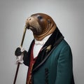 A regal walrus wearing a monocle and a velvet jacket, posing for a portrait with a scepter1