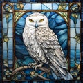 A regal white owl perched on a leafy tree branch in front of a colorful stained glass window Royalty Free Stock Photo