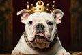 A regally crowned white English bulldog pup exudes adorable charm